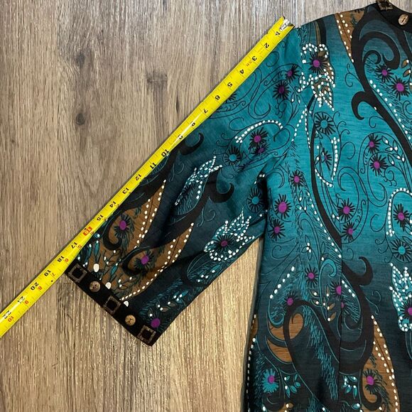 Trenz by Theresa Renz Silk Cardigan Artsy Floral Jacket Wood Buttons‎ Size Large - Picture 9 of 9